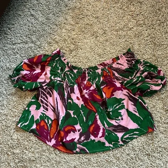 ASOS Y2K Cottagecore Boho Tropical Romantic Off The Shoulder Floral Blouse Sz16 - Picture 2 of 9